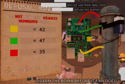 Bomb Defusal event showing the numbered manual and three coloured wires